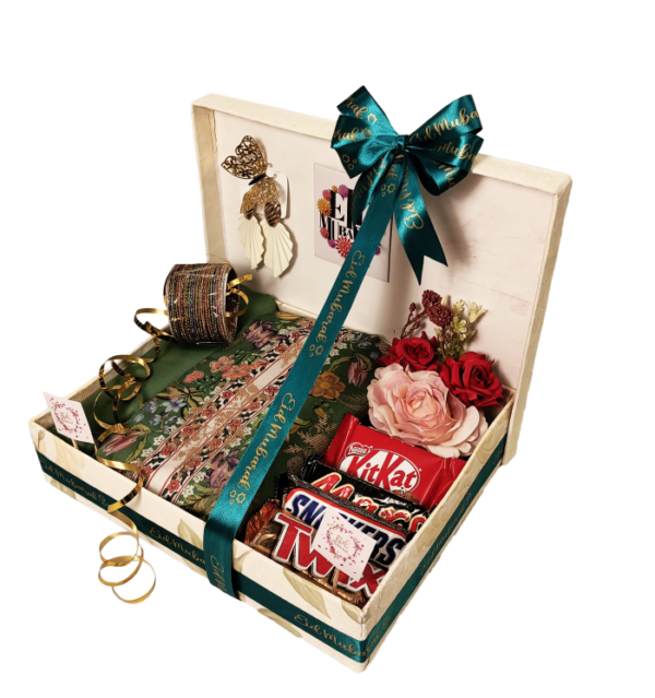 Eid Celebration Gift Box, containing delicious chocolates, ladies suit, jewelry accessories, decorative items and an Eid Mubarak Card